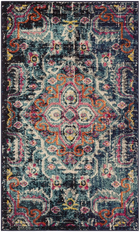 Safavieh Boho Chic Indoor Woven Rectangle Area Rug, Monaco Collection, MNC252, in Blue / Fuchsia, 91 X 152 cm for Living Room, Bedroom or Any Indoor Space