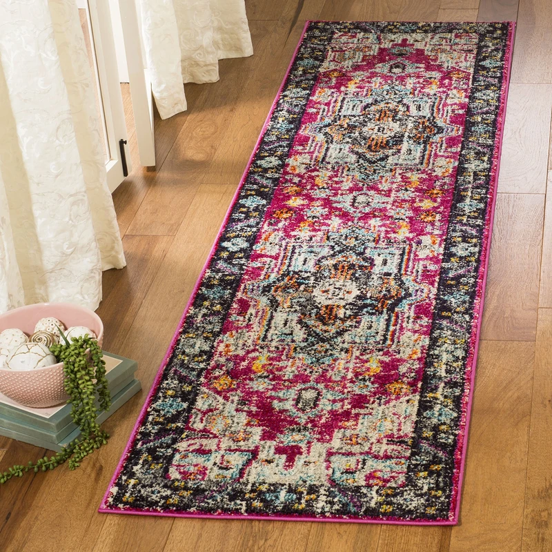 Safavieh Boho Chic Indoor Woven Runner Area Rug, Monaco Collection, MNC253, in Fuchsia / Grey, 66 X 244 cm for Living Room, Bedroom or Any Indoor Space