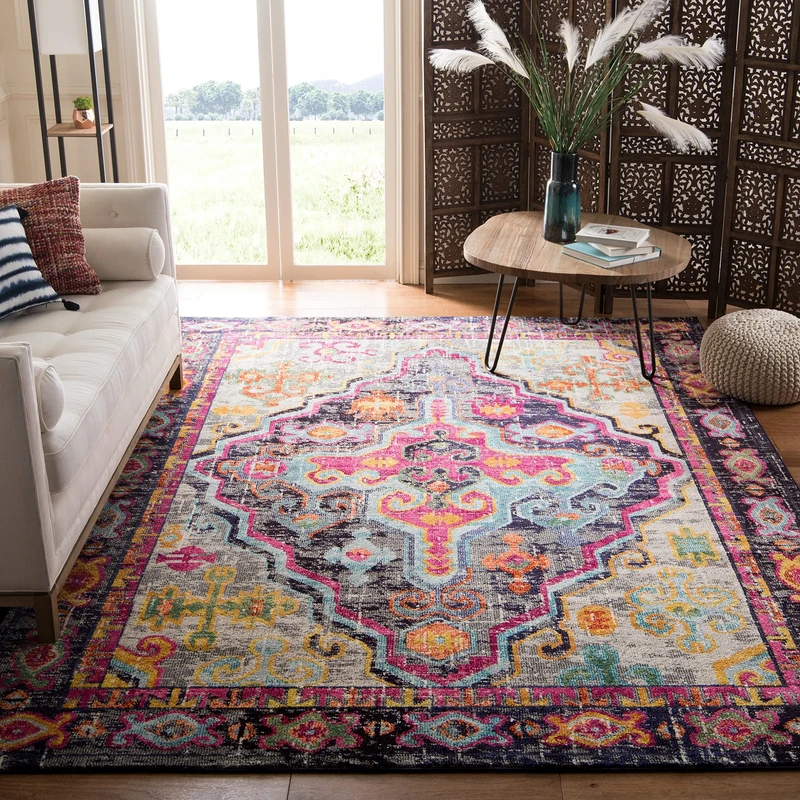 Safavieh Boho Rug for Living Room, Dining Room, Bedroom - Monaco Collection, Short Pile, in Grey and Fuchsia, 200 x 200 cm