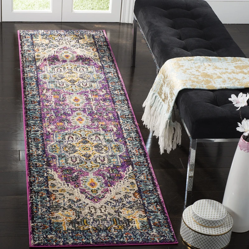 Safavieh Boho Chic Indoor Woven Runner Area Rug, Monaco Collection, MNC251, in Violet / Light Blue, 66 X 244 cm for Living Room, Bedroom or Any Indoor Space