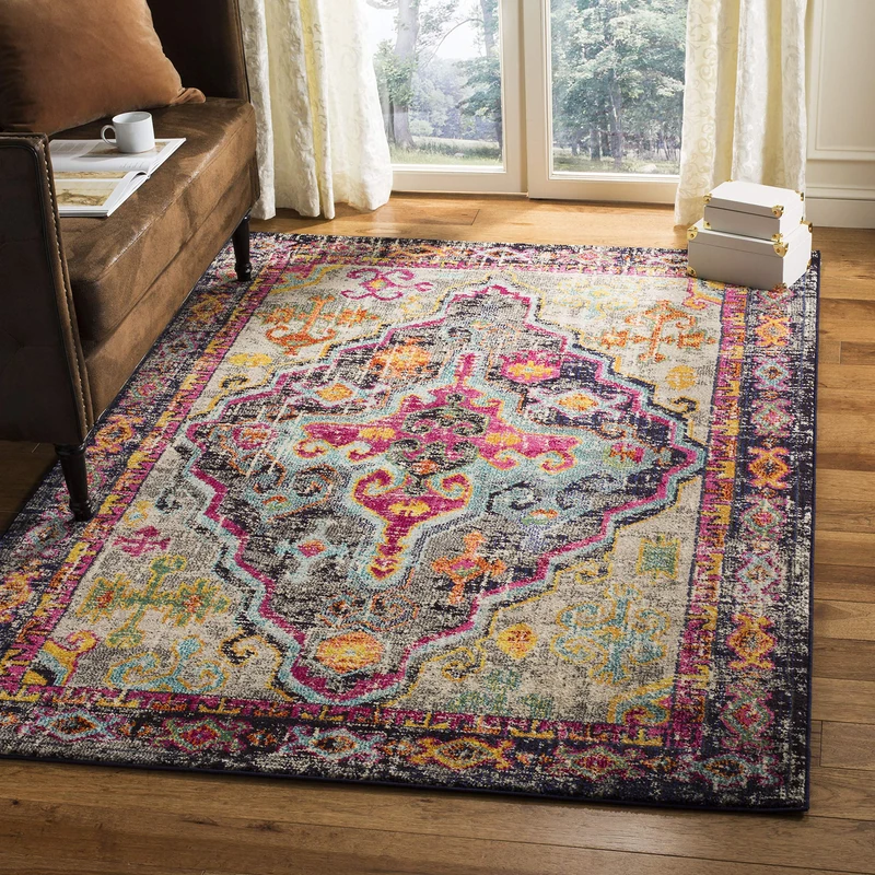 Safavieh Boho Chic Indoor Woven Rectangle Area Rug, Monaco Collection, MNC247, in Grey / Fuchsia, 91 X 152 cm for Living Room, Bedroom or Any Indoor Space