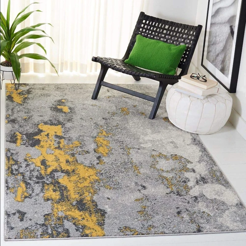 Safavieh Modern Abstract Distressed Indoor Woven Rectangle Area Rug, Adirondack Collection, ADR134, in Grey / Yellow, 91 X 152 cm for Living Room, Bedroom or Any Indoor Space