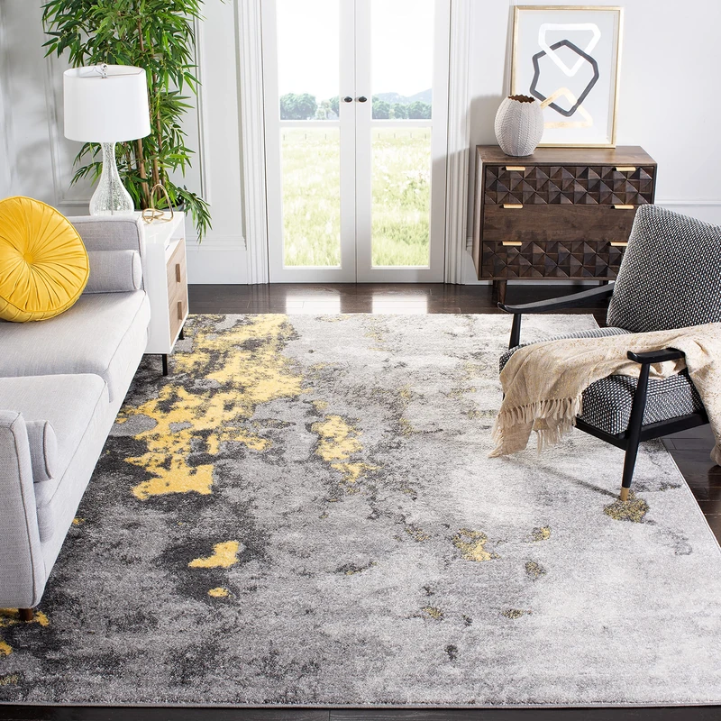 SAFAVIEH Abstract Rug for Living Room, Dining Room, Bedroom - Adirondack Collection, Short Pile, in Grey and Yellow, 240 X 300 cm - Image 1