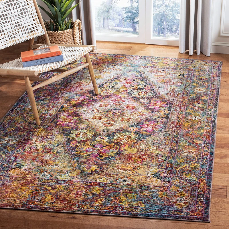 SAFAVIEH Boho Rug for Living Room, Dining Room, Bedroom - Crystal Collection, Short Pile, in Navy and Light Blue, 91 X 152 cm