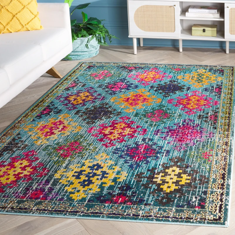 Safavieh Boho Chic Indoor Woven Rectangle Area Rug, Monaco Collection, MNC244, in Blue / Multi, 201 X 279 cm for Living Room, Bedroom or Any Indoor Space