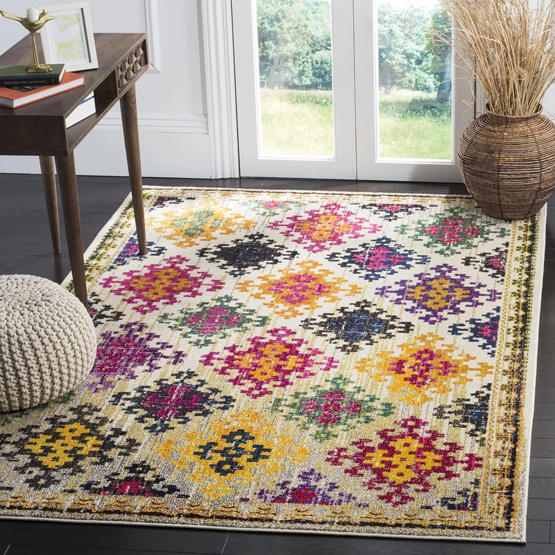 Safavieh Boho Chic Indoor Woven Rectangle Area Rug, Monaco Collection, MNC244, in Ivory / Multi, 91 X 152 cm for Living Room, Bedroom or Any Indoor Space - Image 1
