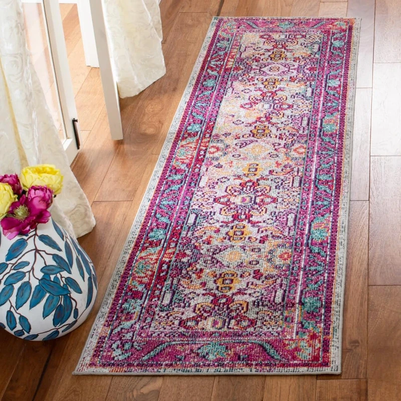 Safavieh Boho Indoor Woven Runner Area Rug, Crystal Collection, CRS506, in Light Blue / Fuchsia, 66 X 213 cm for Living Room, Bedroom or Any Indoor Space