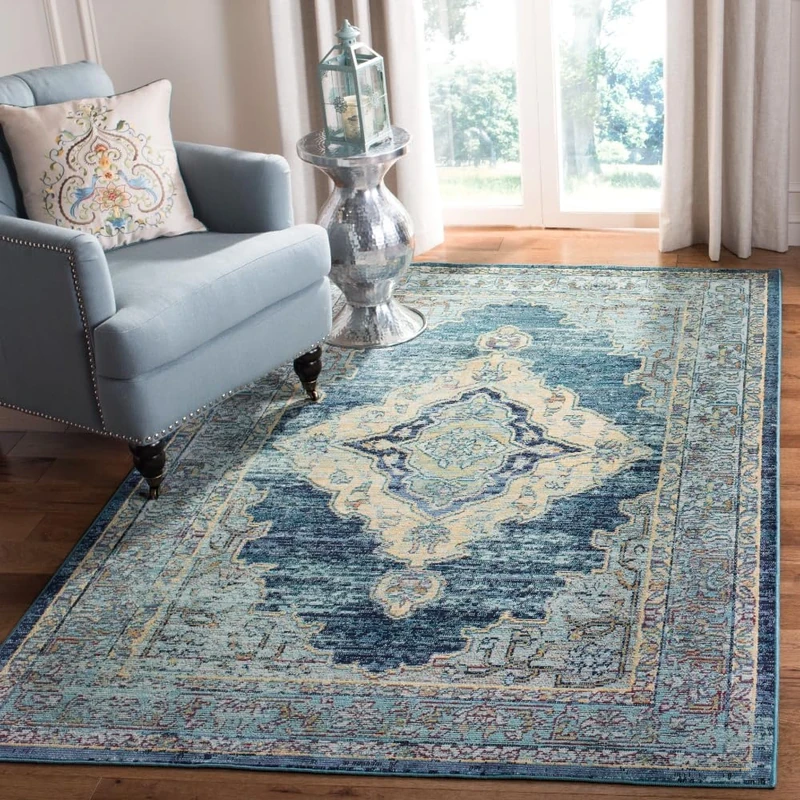 Safavieh Boho Indoor Woven Rectangle Area Rug, Crystal Collection, CRS500, in Blue / Yellow, 201 X 279 cm for Living Room, Bedroom or Any Indoor Space