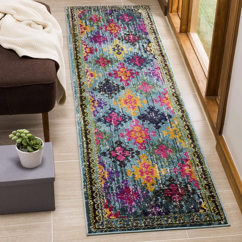 Safavieh Boho Chic Indoor Woven Runner Area Rug, Monaco Collection, MNC244, in Blue / Multi, 66 X 244 cm for Living Room, Bedroom or Any Indoor Space