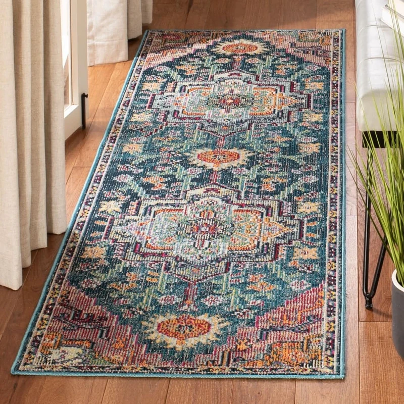 SAFAVIEH Boho Rug for Living Room, Dining Room, Bedroom - Crystal Collection, Short Pile, in Teal and Rose, 66 X 213 cm
