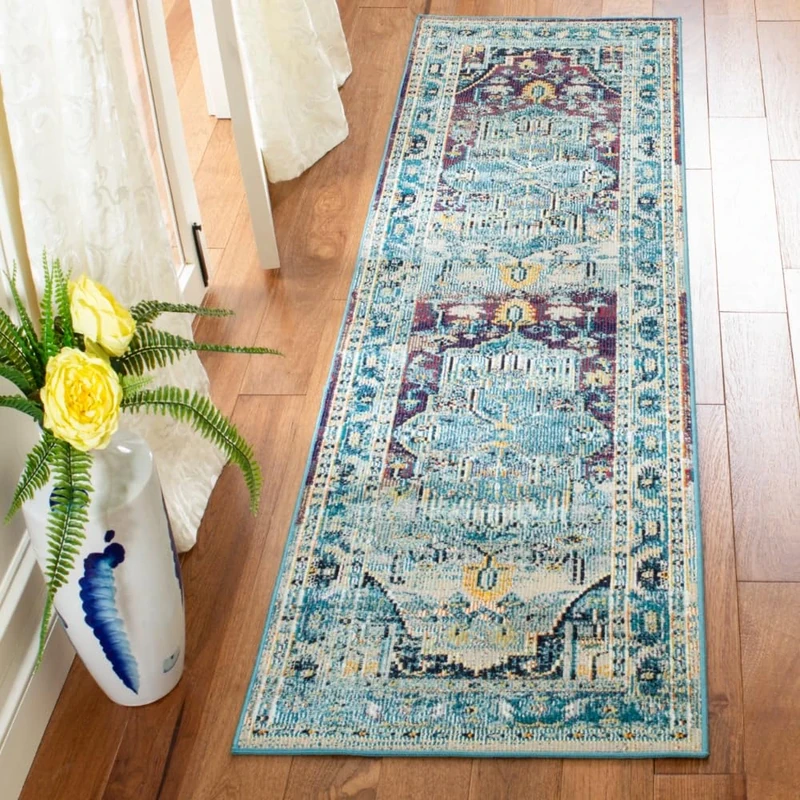 SAFAVIEH Boho Rug for Living Room, Dining Room, Bedroom - Crystal Collection, Short Pile, in Teal and Purple, 66 X 213 cm