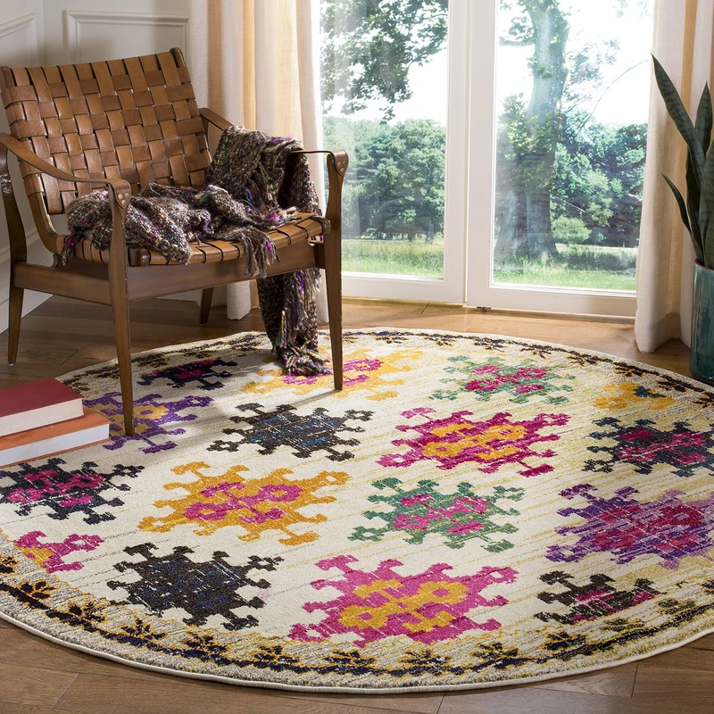 Safavieh Boho Rug for Living Room, Dining Room, Bedroom - Monaco Collection, Short Pile, in Ivory and Multi, 200 x 200 cm
