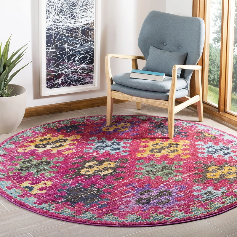 Safavieh Monaco Collection Boho Rug for Living Room, Dining Room, Bedroom Rug, Short Pile, Fuchsia and Multi, 200 x 200 cm