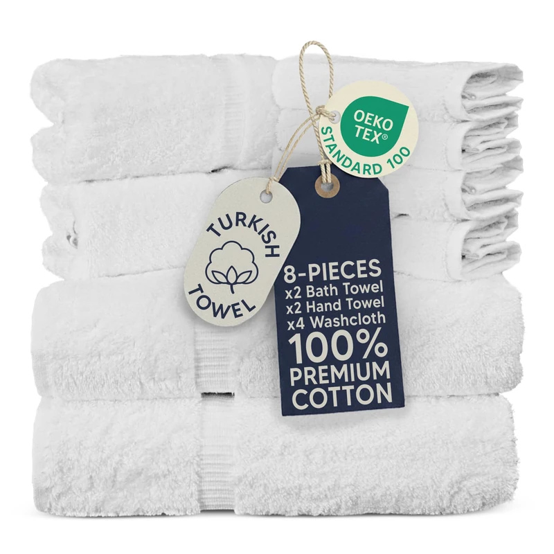 Towel Bazaar Premium Turkish Cotton Super Soft and Absorbent Towels (8-Piece Towel Set, White)