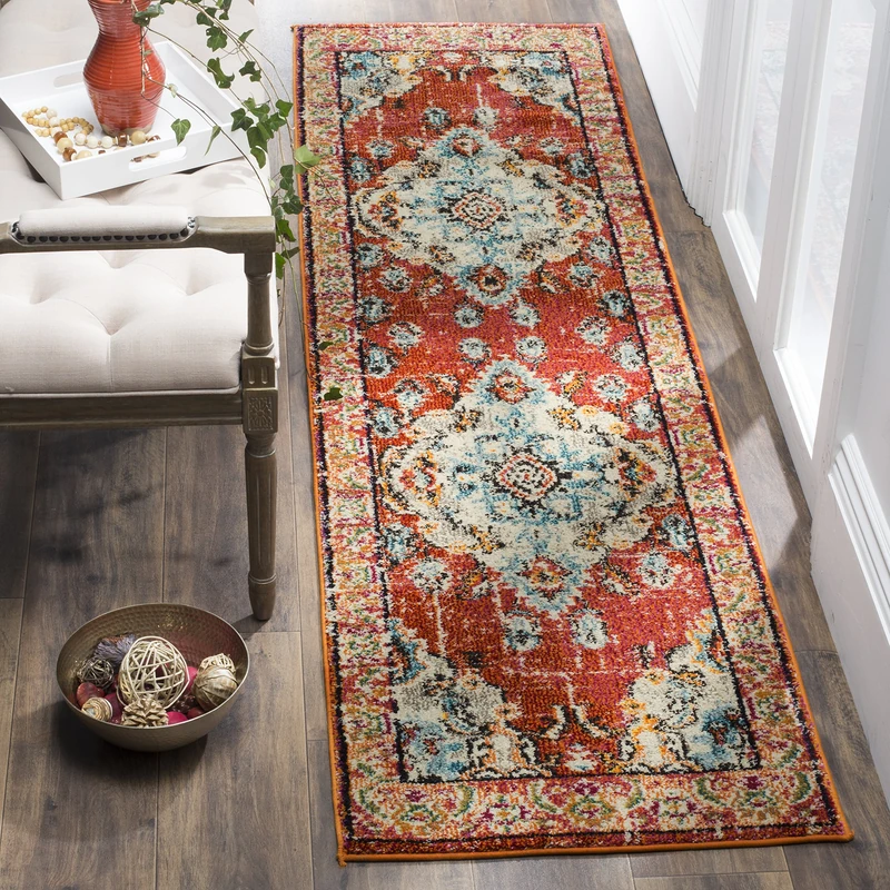 Safavieh Boho Rug for Living Room, Dining Room, Bedroom - Monaco Collection, Short Pile, in Orange and Light Blue, 66 X 305 cm