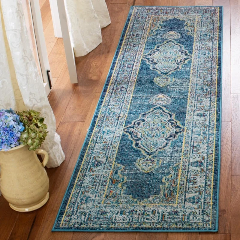 Safavieh Boho Indoor Woven Runner Area Rug, Crystal Collection, CRS500, in Blue / Yellow, 66 X 213 cm for Living Room, Bedroom or Any Indoor Space