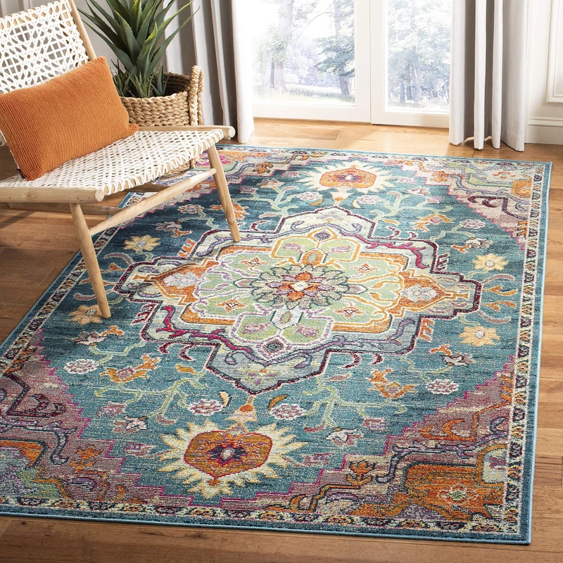 SAFAVIEH Boho Rug for Living Room, Dining Room, Bedroom - Crystal Collection, Short Pile, in Teal and Rose, 91 X 152 cm