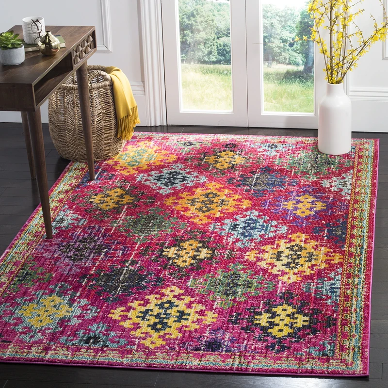 Safavieh Boho Chic Indoor Woven Rectangle Area Rug, Monaco Collection, MNC244, in Fuchsia / Multi, 155 X 231 cm for Living Room, Bedroom or Any Indoor Space
