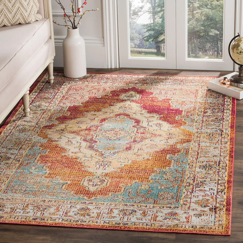 Safavieh Boho Indoor Woven Rectangle Area Rug, Crystal Collection, CRS500, in Orange / Light Blue, 91 X 152 cm for Living Room, Bedroom or Any Indoor Space