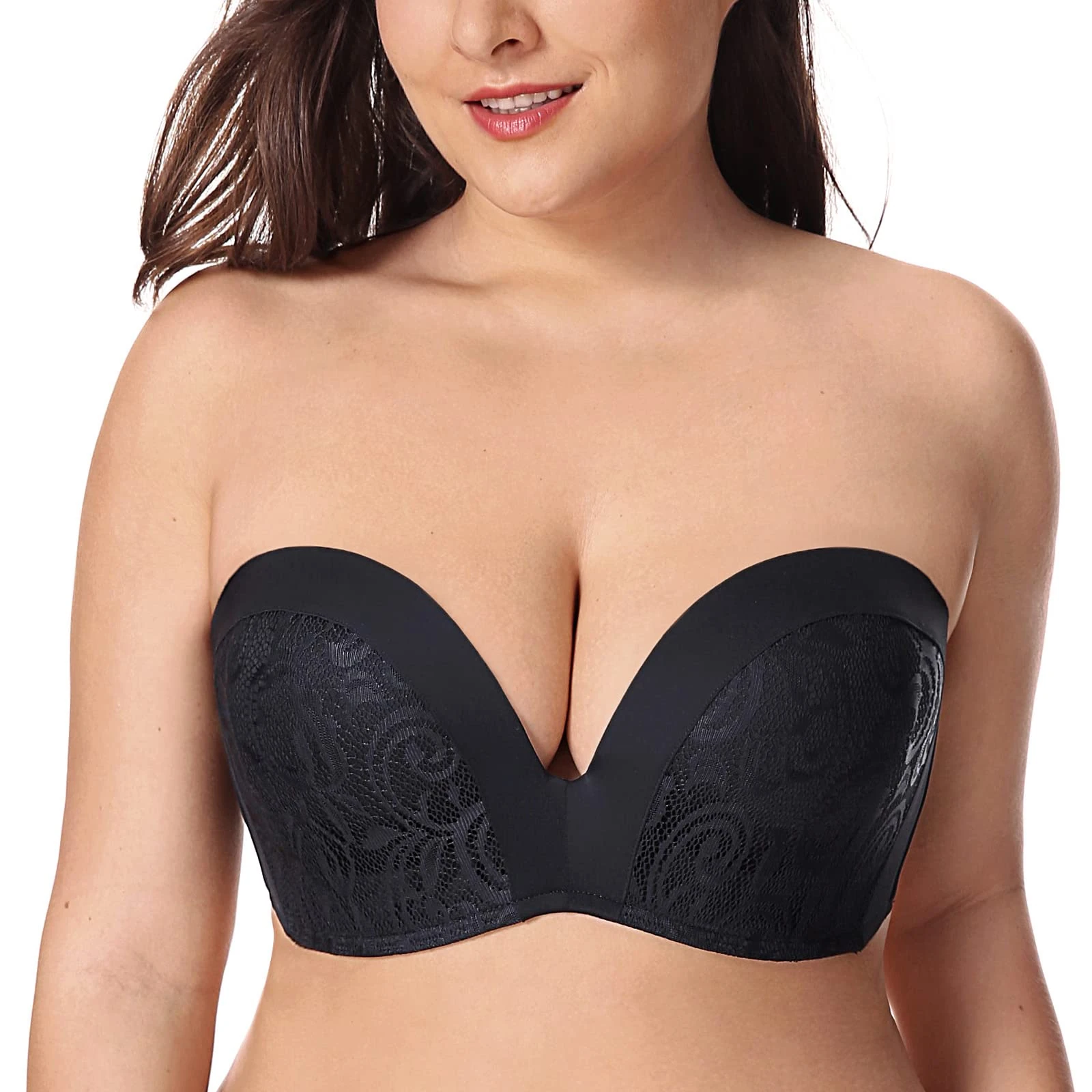 Delimira Women's Strapless Bra Padded Push Up Underwired Support Lift Plus Size Lace Bandeau Bra Black 36DD