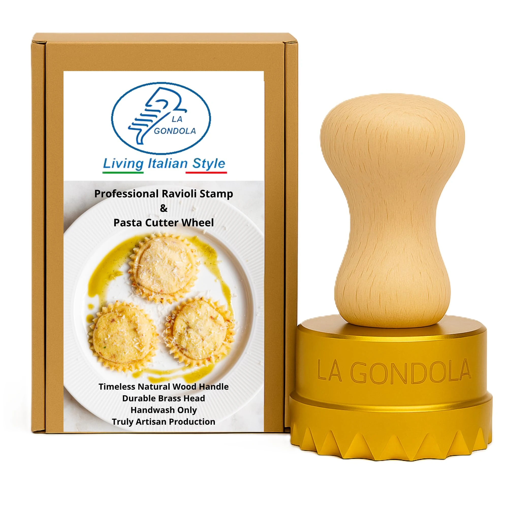 LA GONDOLA Brass & Wood Ravioli Stamp, 65mm, Italian Pasta Making Tool