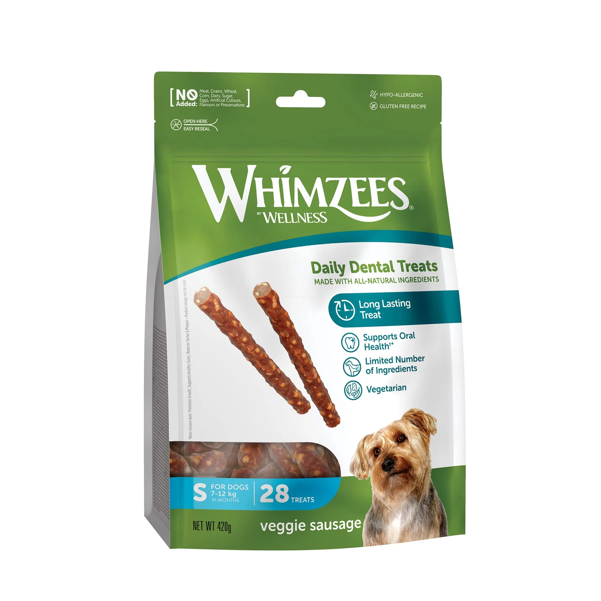 WHIMZEES By Wellness Veggie Sausage, Dog Dental Sticks, 28 Pieces, Size S, Dog Chews for Small Breeds, Natural, Grain-Free, Rawhide-Free, Vegetarian, No Added Sugar