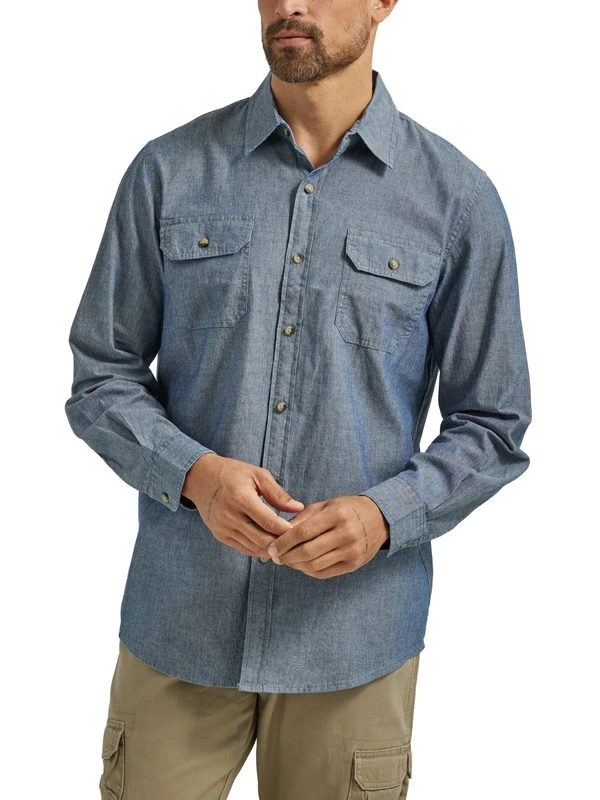 Wrangler Authentics Men's Long Sleeve Classic Woven Shirt Button, Dark Chambray, XXXL