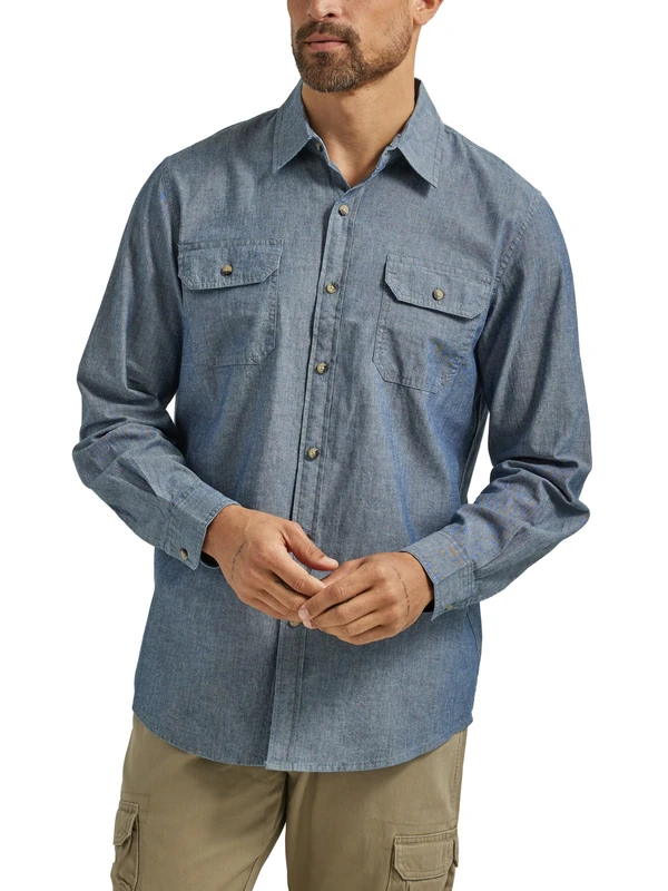 Wrangler Authentics Men's Long Sleeve Classic Woven Shirt, Dark Chambray, Medium