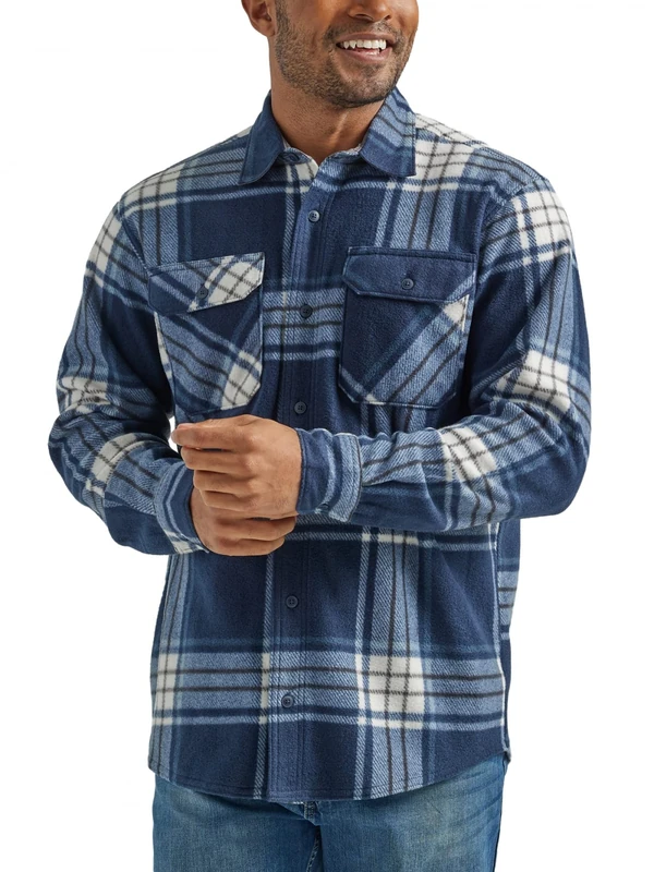 Wrangler Authentics Men's Long Sleeve Plaid Fleece Shirt Jacket Button, Total Eclipse, XXL