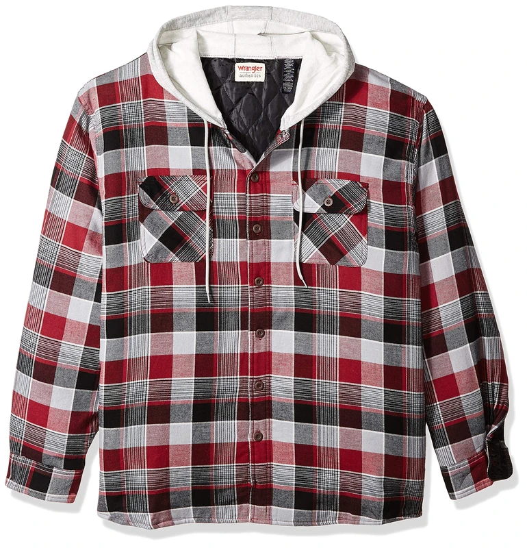 Wrangler Authentics Men's Long Sleeve Quilted Lined Flannel Shirt Jacket with Hood - red - Medium