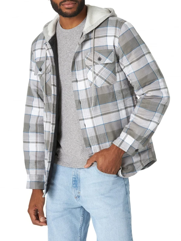 Wrangler Authentics Men's Long Sleeve Quilted Lined Flannel Shirt Jacket with Hood, Gray, L