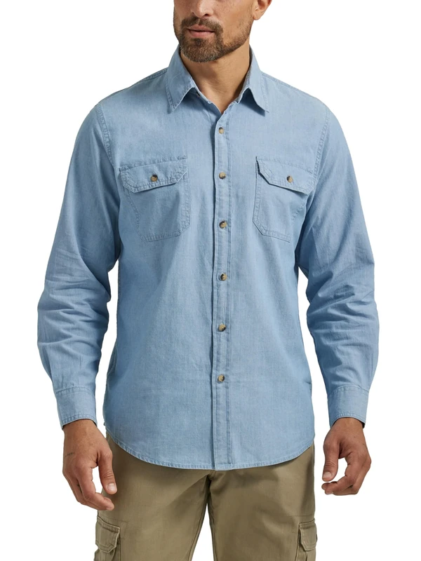 Wrangler Authentics Men's Long Sleeve Classic Woven Shirt Button, Light Chambray, Large