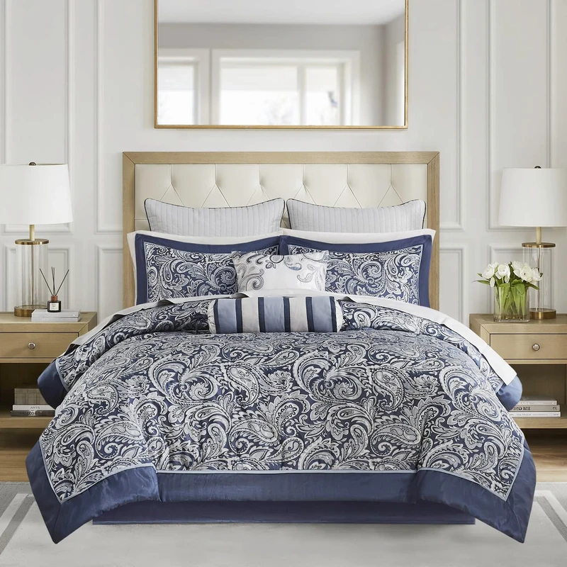 Madison Park Cozy Comforter Set, Faux Silk Jacquard Paisley Design, Polyester, Navy Biab 12pcs, Queen