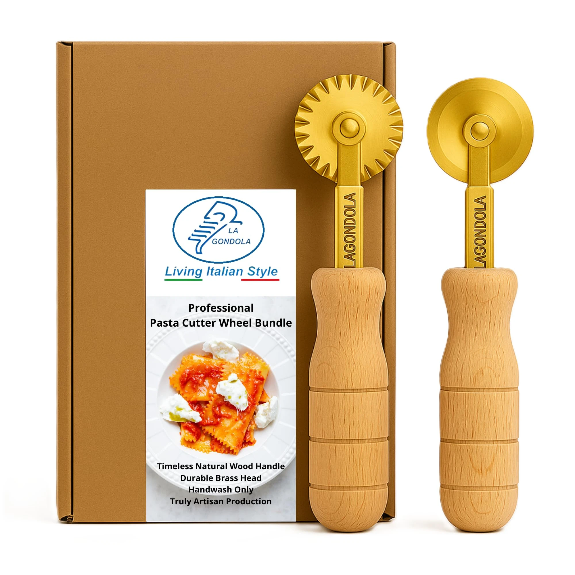 La Gondola Set of 2 Homemade Pastry Wheel Cutter & Dough Slicer – Brass and Wood Handles | Smooth & Festooned Cutters for Ravioli, Pasta, and Pastry | Perfect for Dough Cutting and Baking