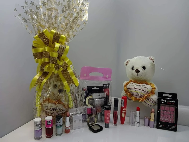 Make Up & Teddy Bear Gift Hamper For Her, Mix Brands Make Up Items, Love Inscribed Teddy Gift Wrapped - Image 1
