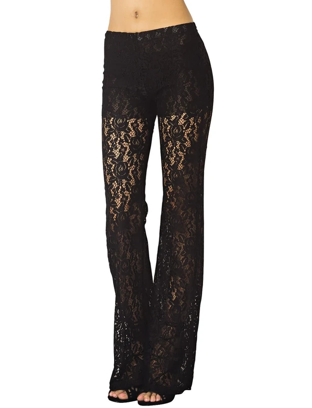iB-iP Women's Eyelet Lace Crochet Slim Fit and Flare Wide Leg Low Waist Trouser, Size: 16, Black - Image 1