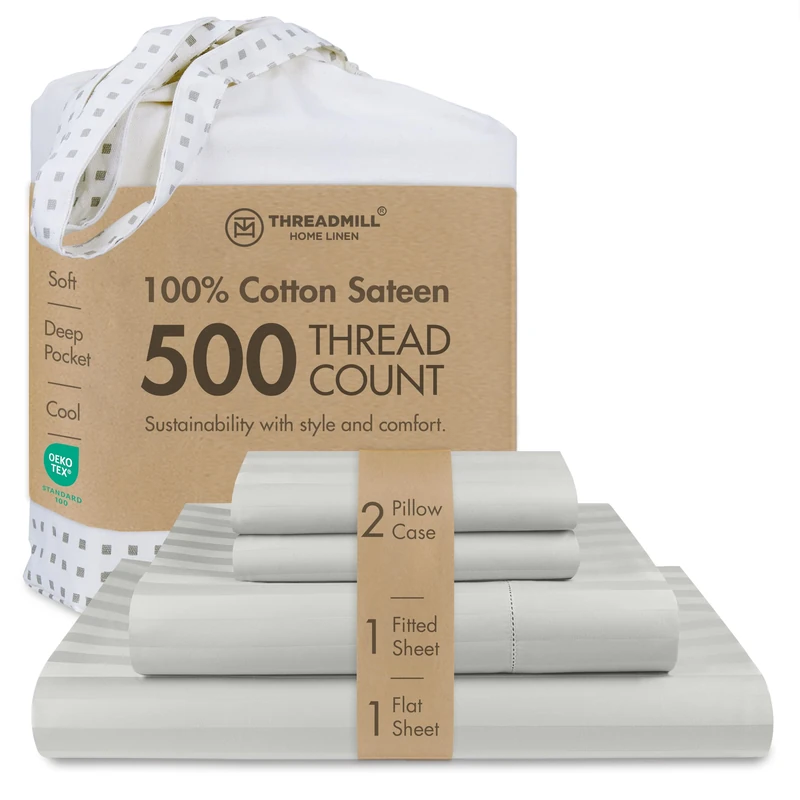 Threadmill 500TC Cotton Full Sheet Set, Damask Stripe, Light Grey, 4-Piece