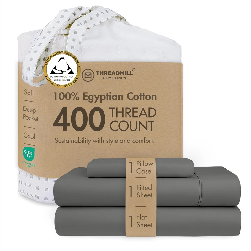 Threadmill Home Linen Certified 100% Egyptian Cotton 400 Thread Count, Twin-XL, 3 Piece Sateen Weave Dark Grey Sheet Set, Comfy ELS Combed Cotton, Solid Bedsheets with Elasticized Deep Pocket