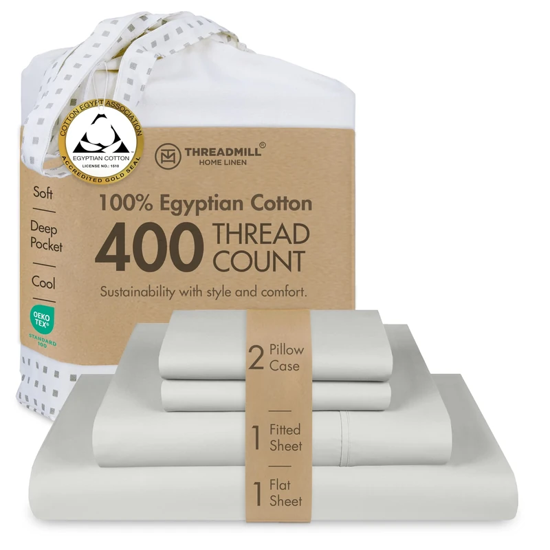 Threadmill Home Linen Certified 100% Egyptian Cotton 400 Thread Count, Queen Sheets, 4 Piece Sateen Weave Light Grey Bed Set, Solid Bedsheets with Elasticized Deep Pocket