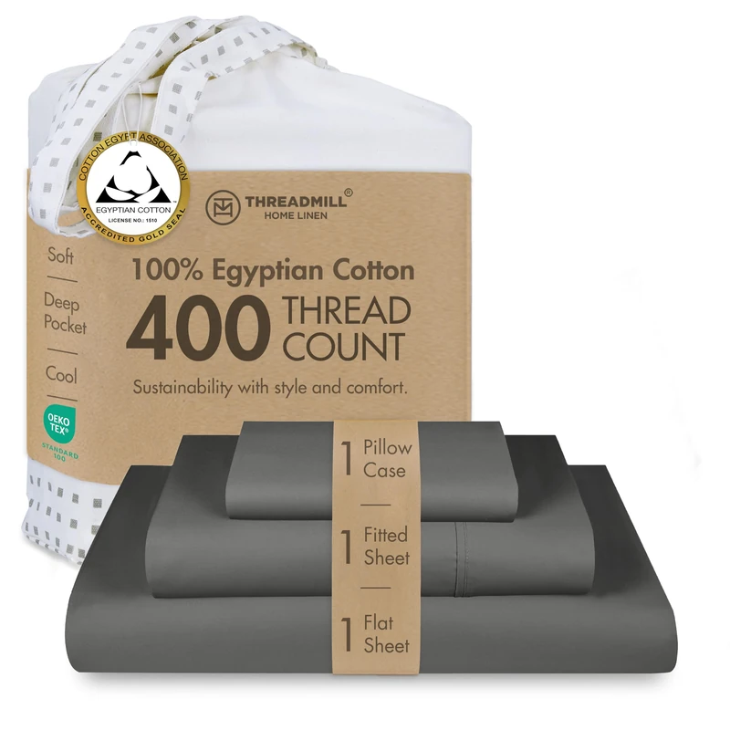 Threadmill Home Linen Certified 100% Egyptian Cotton 3 Piece Solid Sheet Set, 400 Thread Count Sateen Weave,Twin Size, ELS Combed Cotton, Smooth Dark Grey Sheets with Elasticized Deep Pocket