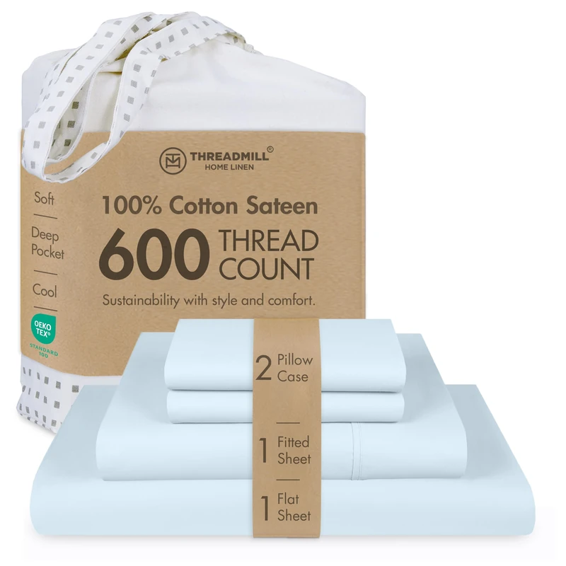 Threadmill Home Linen King-Size Sheets - 100% Pure Cotton 600 Thread Count, 4 Piece Sateen Weave Light Blue Bedding Set, Comfortable ELS Combed Cotton, Solid Sheets with Elasticized Deep Pocket