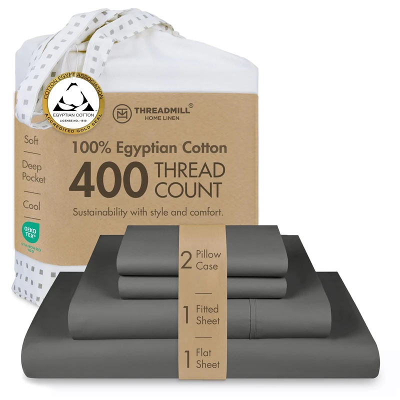 Threadmill Home Linen Certified 100% Egyptian Cotton 400 Thread Count,Queen Sheets, 4 Piece Sateen Weave Dark Grey Bed Set, Smooth ELS Combed Cotton, Solid Bedsheets with Elasticized Deep Pocket
