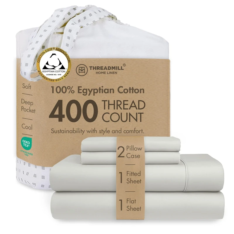 Threadmill Home Linen Certified 100% Egyptian Cotton Full Bed Sheets 4 Piece Solid Bedding Set, 400 Thread Count Sateen Weave,Light Grey Sheets with Elasticized Deep Pocket - by