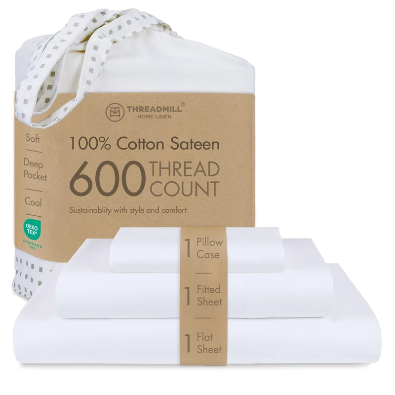 Threadmill Home Linen 600 Thread Count Twin Sheets Sets - 100% Extra Long Staple Cotton Sheets for Twin Size Bed, Luxury 3 Piece Bedding Set with Deep Pocket Fitted Sheet, Smooth Solid Sateen, White