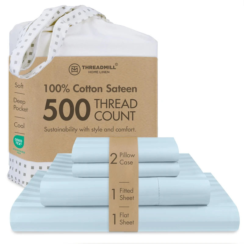 Threadmill 500 Thread Count King Size Damask Stripe, 4 Piece Cotton Bedsheet Set, Breathable Light Blue Sheets with 16'' Elasticized Deep Pocket, 2 Pillowcases & Free Tote Bag
