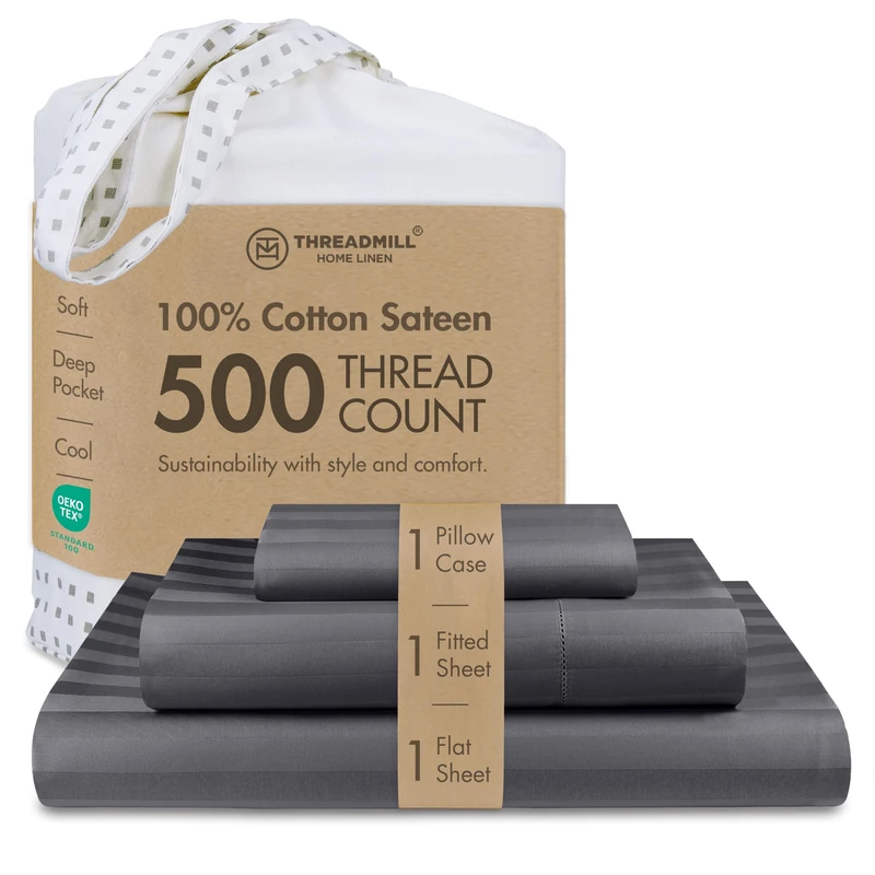 Threadmill 500 Thread Count Twin-XL Size Damask Stripe, 3 Piece Cotton Bedsheet Set, Breathable Dark Grey Sheets with 15" Elasticized Deep Pocket, 1 Pillowcase & Free Tote Bag