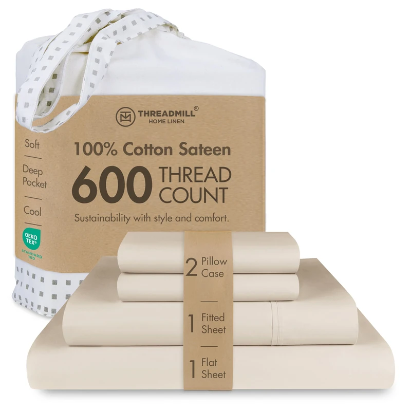 Threadmill Home Linen Full-Size Sheets - 100% Pure Cotton 600 Thread Count, 4 Piece Sateen Weave Light Beige Sheet Set, Cooling ELS Combed Cotton, Solid Sheets with Elasticized Deep Pocket