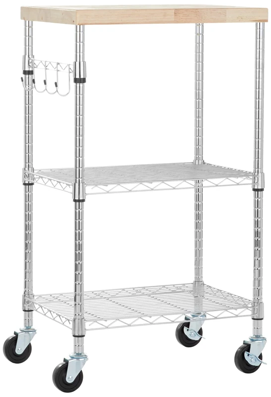Amazon Basics 3-Tier Microwave Cart on Wheels with Removable Wood Top and 2 Height-Adjustable Chrome Shelves with 175 Pound / 79.5kg Weight Capacity, 53 x 38 x 92 cm, Wood/Chrome