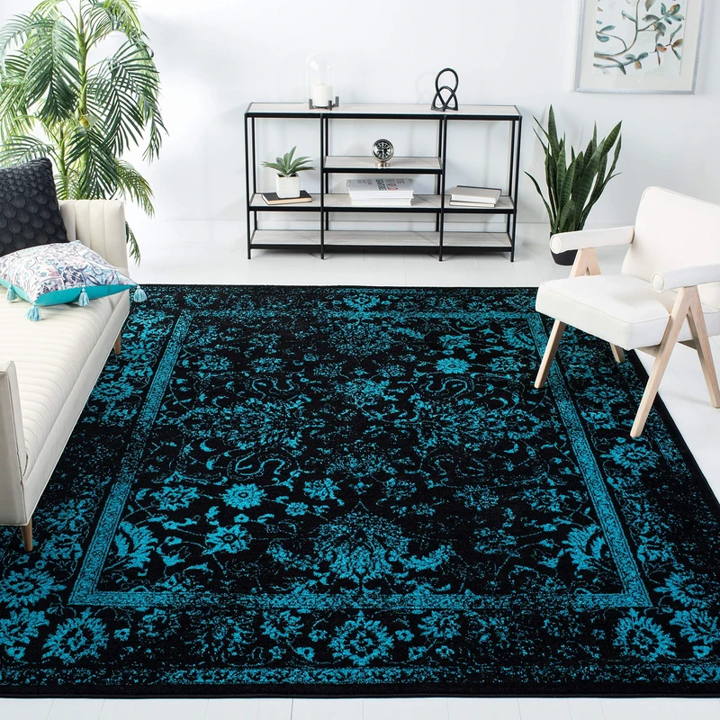 Safavieh Distressed Rug for Living Room, Dining Room, Bedroom - Adirondack Collection, Short Pile, in Black and Teal, 240 X 300 cm