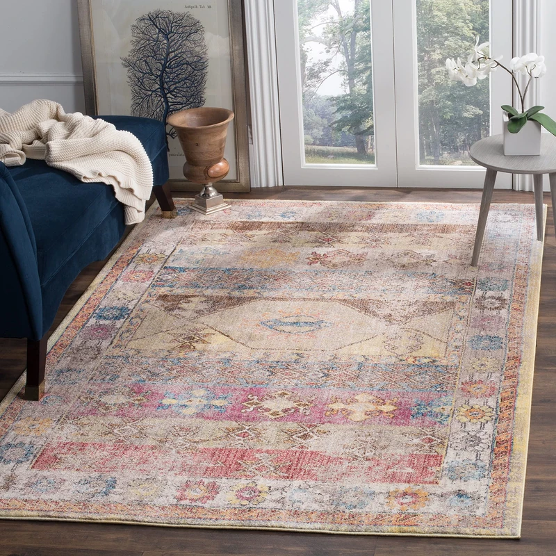 Safavieh Trendy New Transitional Indoor Woven Rectangle Area Rug, Bristol Collection, BTL358, in Pink / Multi, 155 X 229 cm for Living Room, Bedroom or Any Indoor Space